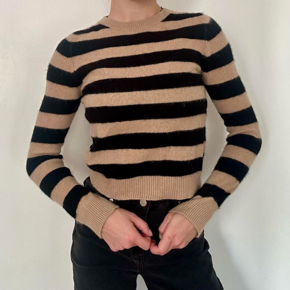 Jumper 1234 100% Cashmere Black and Tan Stripe Crew Sweater